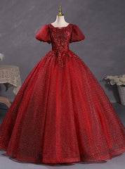 Burgundy Tulle Puff Sleeve Appliques Beadng Quinceanera Dresses