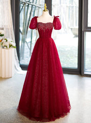 Burgundy Tulle Puff Sleeve Beading Prom Dresses