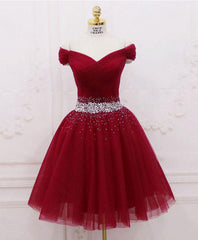 Burgundy Tulle Sequin Short Prom Dress, Burgundy Homecoming Dress