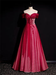 Burgundy Tulle Sequins Off the Shoulder Beading Pleats Prom Dresses