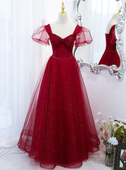 Burgundy Tulle Sequins Square Beading Prom Dresses