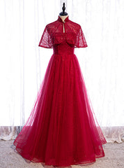 Burgundy Tulle Sequins Strapless Prom Dresses With Shawl