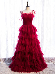 Burgundy Tulle Spagehtti Straps Pleats Tiers Prom Dresses