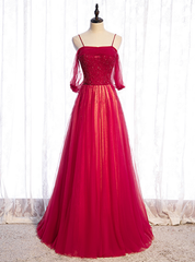 Burgundy Tulle Spaghetti Straps Beading Pleats Prom Dresses