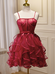 Burgundy Tulle Spaghetti Straps Pearls Homecoming Dresses