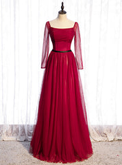 Burgundy Tulle Square Long Sleeve Prom Dresses