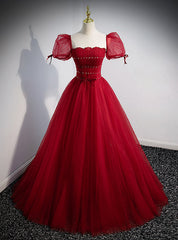 Burgundy Tulle Square Puff Sleeve Pleats Beading Prom Dresses