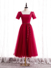 Burgundy Tulle Square Short Sleeve Pearls Prom Dresses