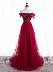 Burgundy Tulle Star Sequins Off the Shoulder Beading Prom Dresses