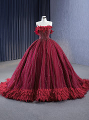 Burgundy Tulle Strapless Beading Feather Prom Dresses