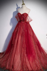 Burgundy Tulle Strapless Floor Length Prom Dress, A-Line Evening Graduation Dress