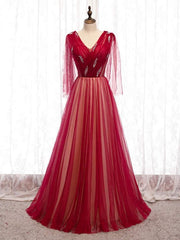 Burgundy Tulle V-neck Pleats Beading Prom Dresses