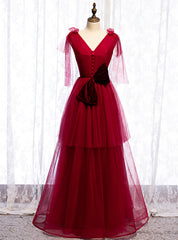 Burgundy Tulle V-neck Pleats Long Prom Dresses With Bow