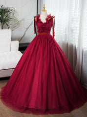 Burgundy Tulle V-neck Pleats Quinceanera Dresses