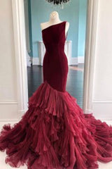 Burgundy Tulle Velvet Long Mermaid Dresses Formal Prom Dresses