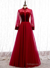 Burgundy Tulle Velvet Long Sleeve Button Prom Dress