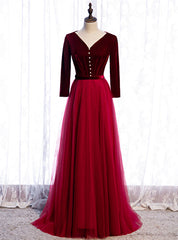 Burgundy Tulle Velvet Long Sleeve Pleats Prom Dresses