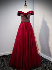 Burgundy Tulle Velvet Off the Shoulder Formal Prom Dresses