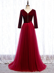 Burgundy Tulle Velvet V-neck 3/4 Sleeve Prom Dresses