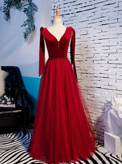 Burgundy Tulle Velvet V-neck Beading Prom Dresses With Bow