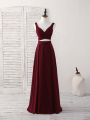 Burgundy Two Pieces Chiffon Long Prom Dress, Evening Dress