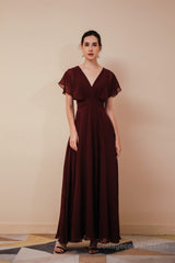 Burgundy V-Neck Chiffon A Line Long Prom Dresses