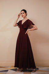 Burgundy V-Neck Chiffon A Line Long Prom Dresses