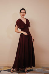 Burgundy V-Neck Chiffon A Line Long Prom Dresses