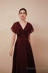 Burgundy V-Neck Chiffon A Line Long Prom Dresses