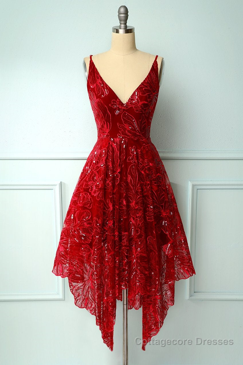 Burgundy v neck lace high low prom dress lace formal dress