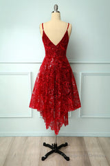 Burgundy v neck lace high low prom dress lace formal dress