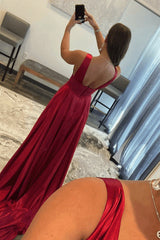 Burgundy V Neck Lace Long Prom Evening Dresses with High Slit