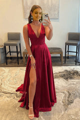 Burgundy V Neck Lace Long Prom Evening Dresses with High Slit