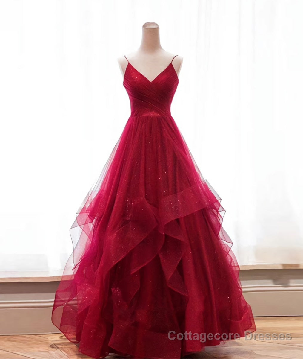 Burgundy v neck tulle long prom dress, burgundy evening dress