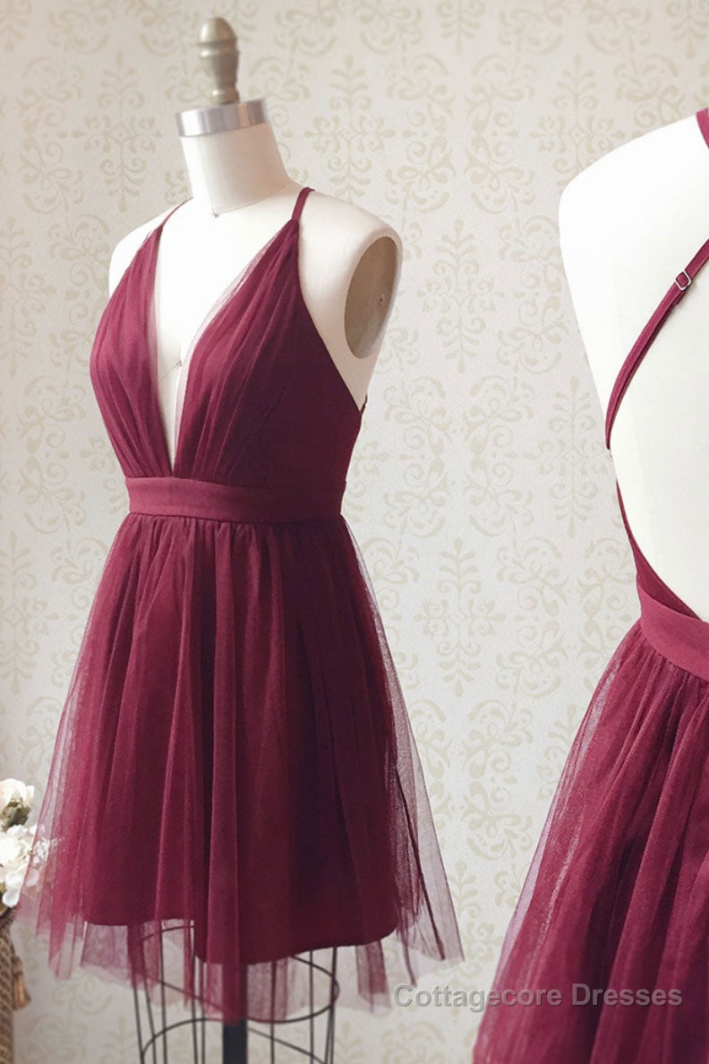 Burgundy v neck tulle short prom dress burgundy homecoming dress