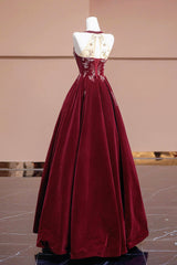 Burgundy Velvet Beaded Long Prom Dresses, Elegant A-Line Evening Party Dresses