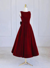 Burgundy Velvet Beading Bow Prom Dresses