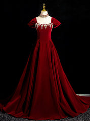 Burgundy Velvet Crystal Prom Dresses