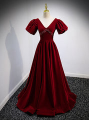 Burgundy Velvet Deep V-neck Backless Crystal Prom Dresses