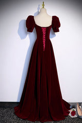 Burgundy Velvet Long A-Line Prom Dress, Simple Short Sleeve Party Dress