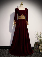 Burgundy Velvet Long Sleeve Appliques Square Prom Dresses