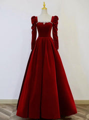 Burgundy Velvet Long Sleeve Crystal Prom Dresses