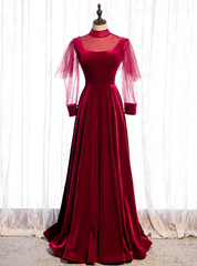 Burgundy Velvet Long Sleeve High Neck Backless Prom Dresses