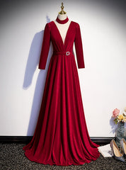 Burgundy Velvet Long Sleeve Pleats Prom Dresses