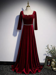 Burgundy Velvet Long Sleeve Square Beading Prom Dresses