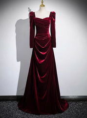 Burgundy Velvet Long Sleeve Square Neck Pleats Prom Dresses