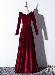 Burgundy Velvet Long Sleeve Square Prom Dresses