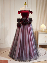 Burgundy Velvet Off the Shoulder Flower Prom Dresses