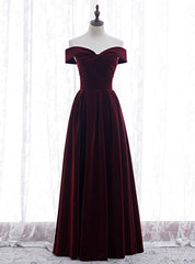 Burgundy Velvet Off the Shoulder Pleats Prom Dresses