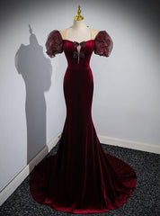 Burgundy Velvet Puff Sleeve Bow Prom Dresses